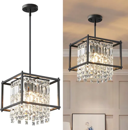 Vista 14 de LMQNINE Modernas lámparas colgantes negras para isla de cocina, lámpara de araña de cristal, iluminación colgante ajustable de granja para comedor