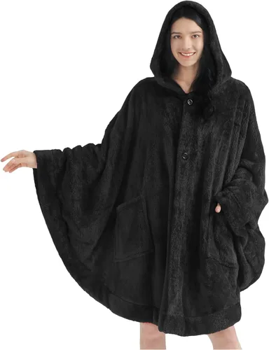 Vista 8 de PAVILIA Angel Wrap Hooded Blanket Poncho, Wearable Blanket Throw Wrap Poncho for Women Adult, Cozy Fluffy Sherpa Shawl Cape