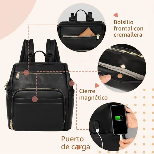 Vista 3 de Omanmoli - Bolsa de pañales de cuero grande para bebé, bolsa de viaje Negro
