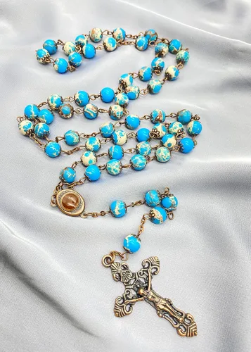 Vista 7 de Nazareth Store Collar de cuentas de jaspe azul océano con diseño vintage natural, medalla de suelo sagrado y cruz crucifijo rosarios religiosos
