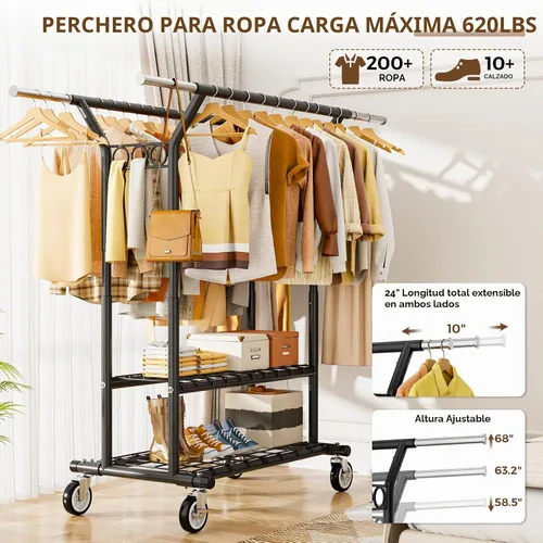 Vista 2 de HYSEYY Perchero de ropa resistente, perchero con estantes de carga de 620 libras, perchero de doble barra para colgar ropa, perchero portátil