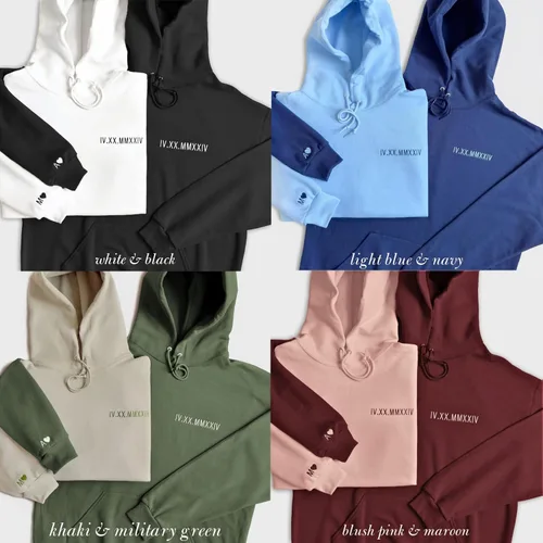 Vista 6 de Wear Physique - Sudadera con capucha personalizada con números romanos, fecha y bordado inicial, regalo para parejas, sudadera unisex de aniversario