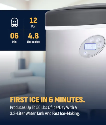 Vista 7 de NewAir Máquina de hielo de encimera de 50 lb. Máquina de hielo portátil tipo bala 12 cubos en 7 minutos, 3 tamaños de hielo Acero inoxidable