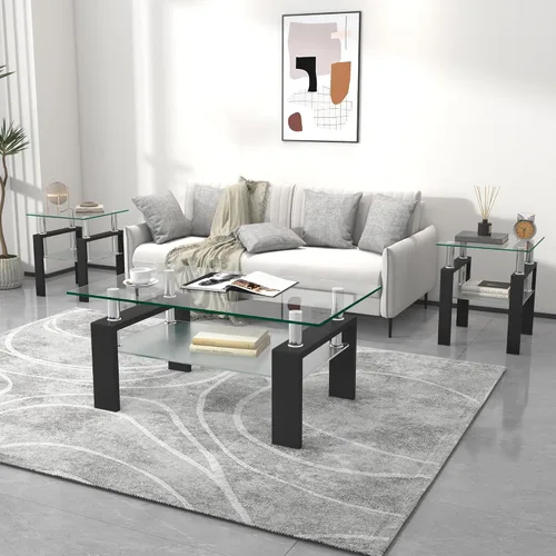 Vista 2 de Juego de 3 mesas auxiliares y mesa auxiliar de cristal, diseño clásico de 2 niveles, parte superior de vidrio templado y patas de metal sólido, uso