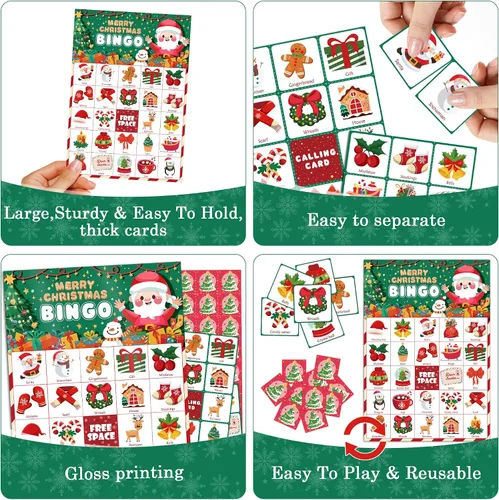 Vista 4 de OHOME Juegos de Navidad Bingo de Navidad para niños – 24 jugadores, manualidades de Navidad, actividades, regalos de fiesta para familias, regalos