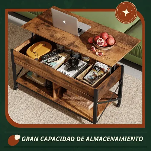 Vista 6 de WLIVE Mesa de Centro, Mesa de Centro Elevable de 41.3" con 4 Ruedas, Compartimento Oculto, Estante de Almacenamiento y Superficie Elevable para Sala