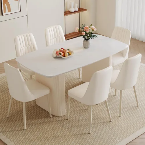 Vista 10 de Juego de mesa de comedor blanca para 4, juego de mesa de comedor de mármol de 67 pulgadas con mesa ovalada blanca crema de 3.5 pulgadas de grosor