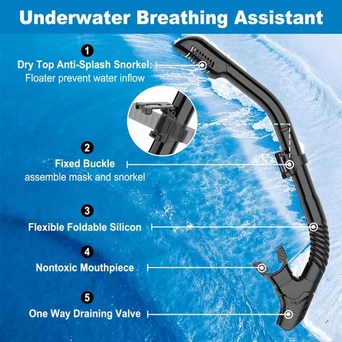 Vista 6 de Equipo de esnórquel para adultos, conjunto de esnórquel máscara de buceo con tubo seco superior, gafas de natación para adultos con cubierta nasal
