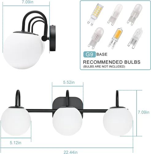 Vista 4 de Moderna lámpara negra para tocador de baño, accesorios de iluminación de 3 luces, marco y pantalla de globo de vidrio blanco leche, aplique de pared