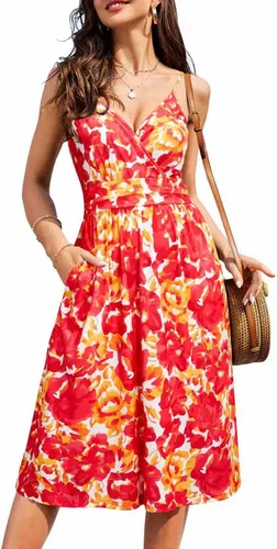 Vista 11 de Ouges Vestido corto de verano para mujer, con cuello en V, tirantes delgados, estampado floral y bolsillos, de fiesta
