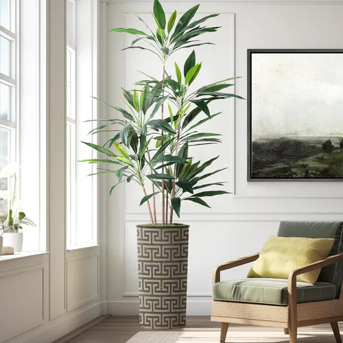 Vista 9 de Árbol artificial en macetero con patrón geométrico moderno, palmera tropical areca artificial de seda para decoración del hogar en interiores