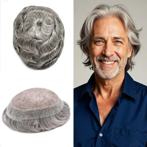 Vista 91 de Toupee para hombres Piezas de pelo fino mono para hombre Toupee sistema de reemplazo de pelo para hombres línea capilar natural para hombre postizo