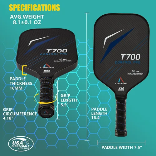 Vista 5 de Pala de Pickleball, Palas de Pickleball - Superficie de Fibra de Carbono Cruda 3K con Gran Rugosidad y Giro, Raqueta de Pickleball T700