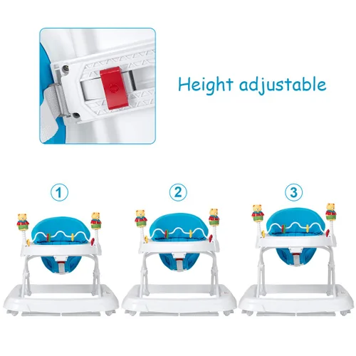 Vista 3 de HONEY JOY Andador de bebé, juguete plegable para empujar sentado y caminar detrás con ruedas, piano interactivo y pedantes, altura y velocidad Azul