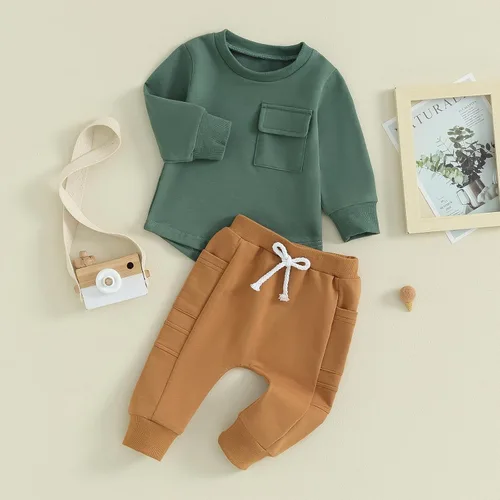 Vista 40 de Kuriozud Conjunto de 2 piezas de sudadera con cuello redondo y pantalones deportivos para niños pequeños para otoño e invierno