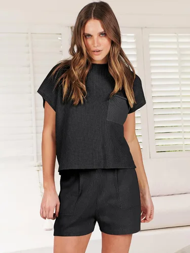 Vista 2 de ANRABESS Conjunto de dos piezas para mujer, suéter corto, suéter y pantalones cortos, conjunto de ropa de descanso