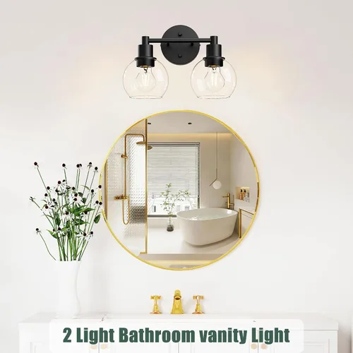 Vista 6 de 2 lámparas de baño, luces de tocador negras, luces de tocador de baño de granja, 2 luces, globo negro mate, accesorio de iluminación sobre espejo