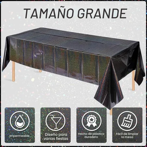 Vista 2 de Paquete de 3 manteles de plástico negro iridiscente, manteles rectangulares desechables con láser, mantel de lámina holográfica para Halloween