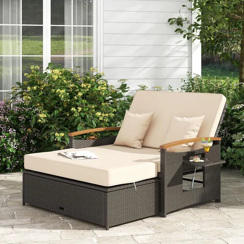 Vista 3 de LDAILY Moccha - Sofá de mimbre para exteriores, sofá biplaza de ratán para patio con respaldo ajustable de 4 niveles, paneles plegables, otomana