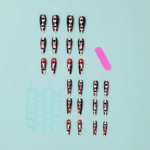 Vista 6 de Uñas postizas largas a presión para Halloween, uñas postizas largas en forma de ataúd, negro y rojo, brillantes, diseño de gota de sangre de terror