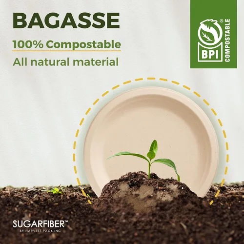 Vista 7 de Bagasse Platos redondos, desechables, de fibra de caña de azúcar natural (bambú), de 9 pulgadas, ecológicos, que pueden transformarse en abono.