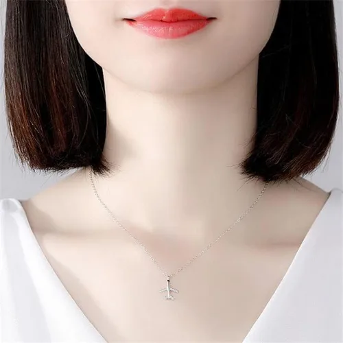 Vista 4 de Juego de collar y aretes con colgante de avión, circonita cúbica, avión, aerolínea, pulsera de joyería para mujeres y niñas, Zirconia cúbica, No es