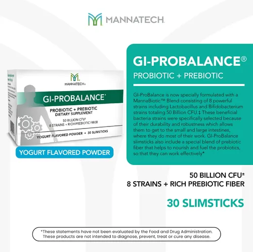 Vista 3 de Mannatech Prebióticos y probióticos, 30 slimsticks, sabor a yogur, GI-ProBalance con mezcla MannaBiótica, polvo pre y probióticos para la salud