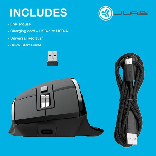 Vista 9 de JLab, Ratón épico, inalámbrico, Bluetooth, multidispositivo, pantalla OLED, tamaño completo