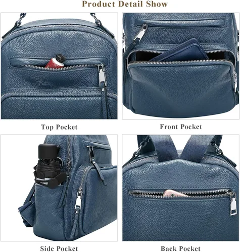 Vista 6 de ALTOSY Mochila de cuero genuino para mujer, pequeña mochila convertible bolso para damas, bolso de hombro 4 en 1 para llevar, azul, (Linen Blue)