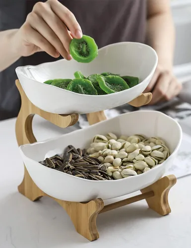 Vista 3 de Liywall - Frutero de cerámica de 2 niveles con soporte de madera de bambú para encimera de cocina,Cesta de frutas de porcelana para almacenamiento