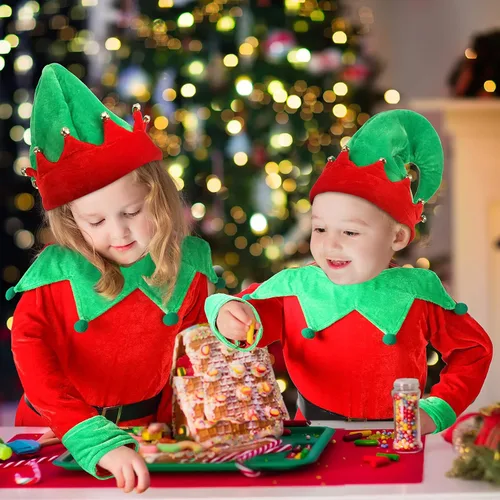 Vista 5 de Hicarer Kids Christmas Elf Costume Set Elf Dress up Santa's Helper Costume Xmas Suit with Elf Hat Shoes Gold Buckle Belt