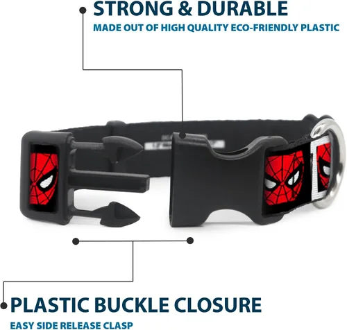 Vista 4 de Buckle-Down Collar de perro con clip de plástico con cara de hombre araña, bloques blancos y negros, multicolor, 1 pulgada de ancho, se adapta a