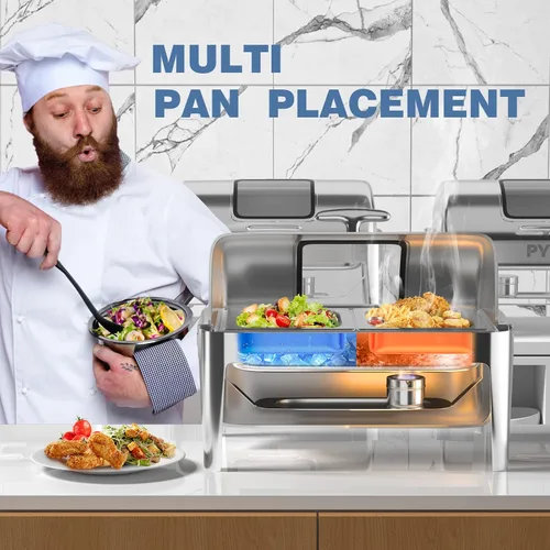Vista 2 de Juego de buffet de platos de roce PYY con tapa enrollable, juego de 9 cuartos de galón de servidor de roce de acero inoxidable para catering, chafer