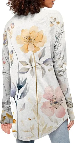Vista 3 de Camisetas de talla grande para mujer, con cuello redondo y cuello redondo, manga larga, estampadas, cómodas, elegantes