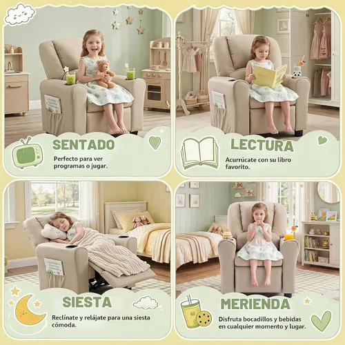Vista 7 de Silla reclinable de piel sintética para niños, sofá reclinable para niños Beige