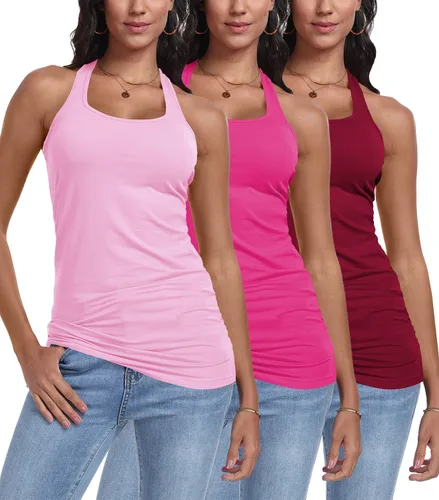 Vista 21 de Paquete de 3 camisetas sin mangas con espalda cruzada para mujer Negro+blanco+rosa