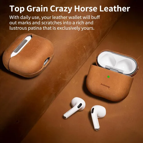 Vista 2 de Belemay Funda para AirPods 4, compatible con MagSafe, cuero de caballo loco prémium [estética vintage], pátina rica, agarre cómodo, compatible