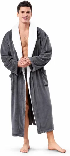 Vista 8 de KEMUSI Bata suave tipo herringbone con capucha para hombre, bata de spa de longitud completa, cómoda y cálida de noche Negro