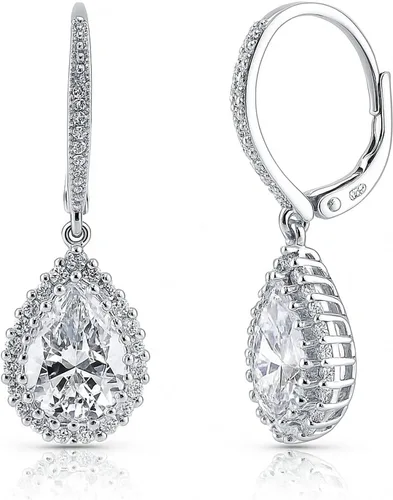 Vista 8 de BERRICLE Sterling Silver CZ Halo Leverback Drop Dangle Earrings for Women, Cubic Zirconia - Emerald, Pear, Round Cut