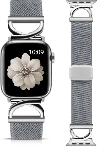 Vista 18 de Minyee Correa magnética elástica compatible con Apple Watch Band de 38/40/41/42/44/45/46/1.929 in para mujer, correa de metal en forma de C