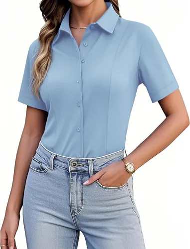 Vista 11 de Siliteelon Camisetas de Botón para Mujer, Ajustadas, de Manga Corta, Elásticas, Camisa de Vestir, Sin Arrugas, Sólida, Blusa de Trabajo