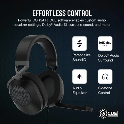 Vista 7 de Auriculares con cable para juegos multiplataforma Corsair HS65 Surround – Dolby Atmos – SonarWorks SoundID – Compatible con iCUE – PC, Mac, PS5
