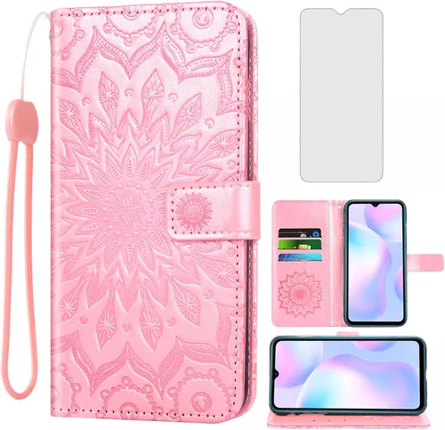 Vista 9 de Funda de teléfono para Xiaomi Redmi 9A Redme 9i Wallet Carcasas con protector de pantalla de vidrio templado y cubierta delgada de cuero con tapa