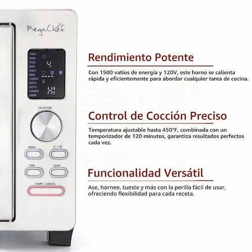 Vista 5 de MegaChef Horno Tostador Digital de Convección Multifunción de Puerta Francesa de 30 Cuartos con Juego de Rosticero y Ajustes Preestablecidos