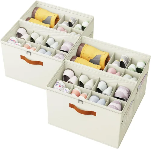 Vista 11 de Organizador de zapatos para armario, paquete de 2 cajas plegables de almacenamiento de zapatos con divisores ajustables y cubierta transparente, se