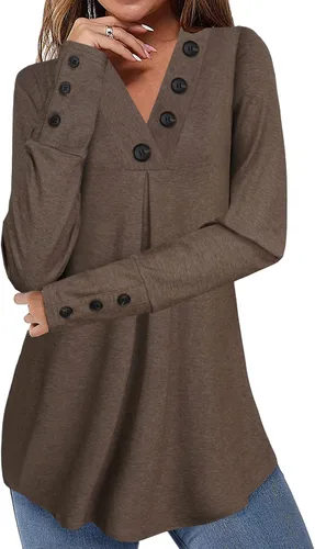 Vista 2 de Messic Blusa plisada de manga larga con cuello en V y botones para mujer