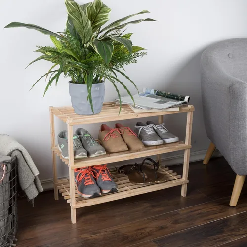 Vista 2 de Zapatero de madera, banco de almacenamiento, clóset, baño, cocina, organizador de entrada, 3 niveles, por Lavish Home.