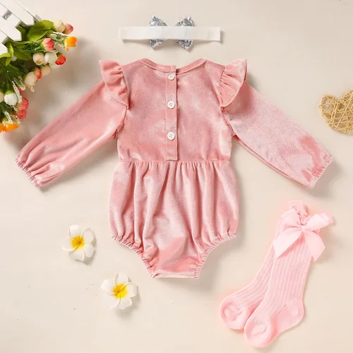 Vista 2 de GRNSHTS Ropa de primer cumpleaños para niña de terciopelo de un año de edad, mameluco de manga larga + diadema, 2 piezas de trajes de pastel