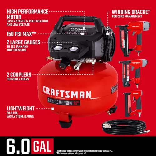 Vista 4 de Craftsman Compresor de Aire Tipo Panqueque de 6 Galones Kit Combo de 4 Herramientas, 150 PSI, Libre de Aceite, Incluye Clavadora de Acabado 16GA
