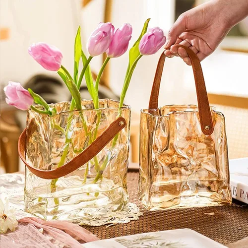 Vista 7 de Cuero hecho a mano - Bolso de mano - Estilo florero de cristal - Elegancia simple para tu espacio (ámbar)